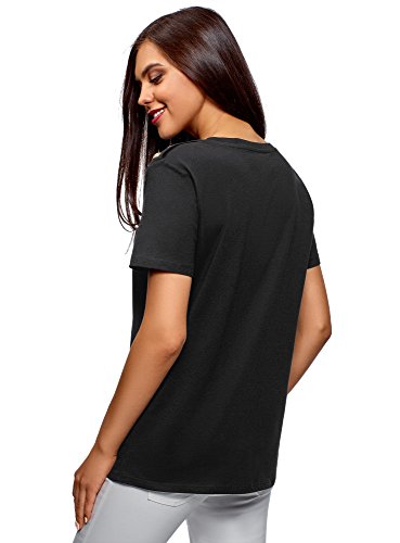 oodji Ultra Mujer Camiseta Recta con Botones Decorativos, Negro, ES 38 / S