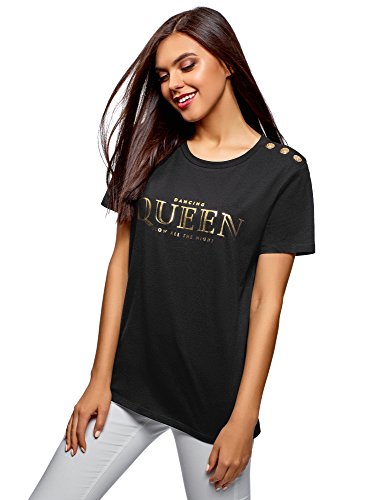 oodji Ultra Mujer Camiseta Recta con Botones Decorativos, Negro, ES 38 / S