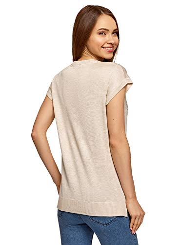 oodji Ultra Mujer Jersey de Manga Corta con Decoración de Pedrería, Beige, ES 38 / S