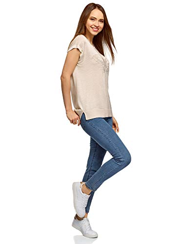 oodji Ultra Mujer Jersey de Manga Corta con Decoración de Pedrería, Beige, ES 38 / S