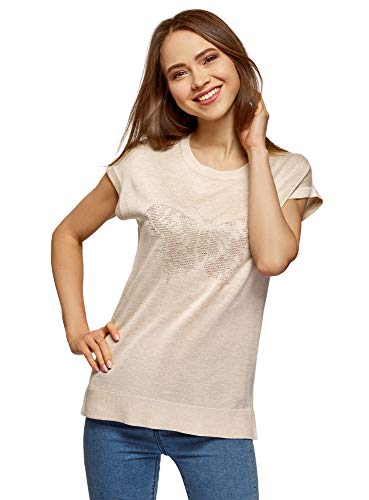 oodji Ultra Mujer Jersey de Manga Corta con Decoración de Pedrería, Beige, ES 38 / S