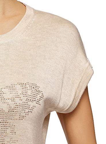 oodji Ultra Mujer Jersey de Manga Corta con Decoración de Pedrería, Beige, ES 38 / S