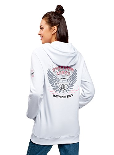 oodji Ultra Mujer Sudadera con Capucha y Estampado en la Espalda, Blanco, ES 36 / XS