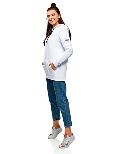 oodji Ultra Mujer Sudadera con Capucha y Estampado en la Espalda, Blanco, ES 36 / XS