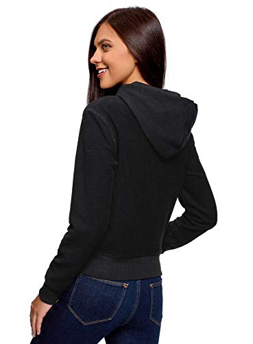 oodji Ultra Mujer Sudadera de Tejido Texturizado con Capucha y Estampado, Negro, ES 42 / L