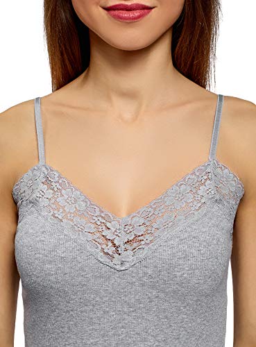 oodji Ultra Mujer Top de Punto con Acabado de Encaje, Gris, ES 44 / XL