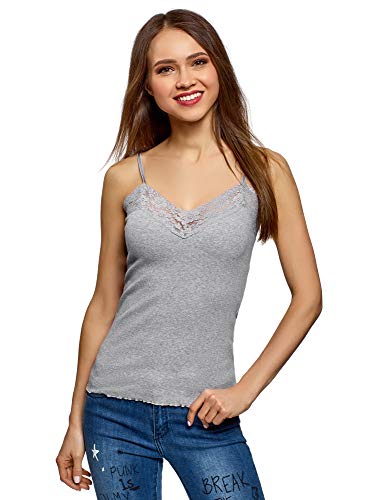 oodji Ultra Mujer Top de Punto con Acabado de Encaje, Gris, ES 44 / XL