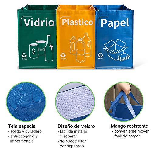 Opret Bolsas Basura Reciclaje 3 Pack Cubo de Reciclaje Separadas con Asas Gran Capacidad 40L para Papel, Vidrio y Plástico, Ideal para Hogar/Oficina/Interior/Exterior