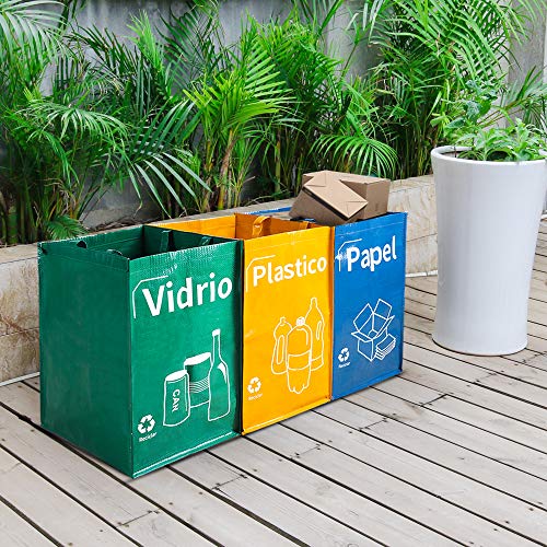 Opret Bolsas Basura Reciclaje 3 Pack Cubo de Reciclaje Separadas con Asas Gran Capacidad 40L para Papel, Vidrio y Plástico, Ideal para Hogar/Oficina/Interior/Exterior