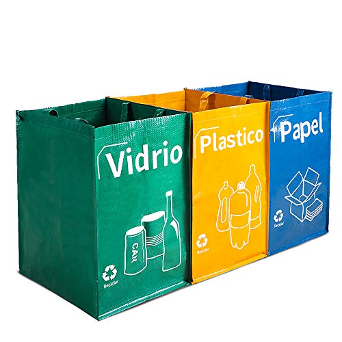 Opret Bolsas Basura Reciclaje 3 Pack Cubo de Reciclaje Separadas con Asas Gran Capacidad 40L para Papel, Vidrio y Plástico, Ideal para Hogar/Oficina/Interior/Exterior