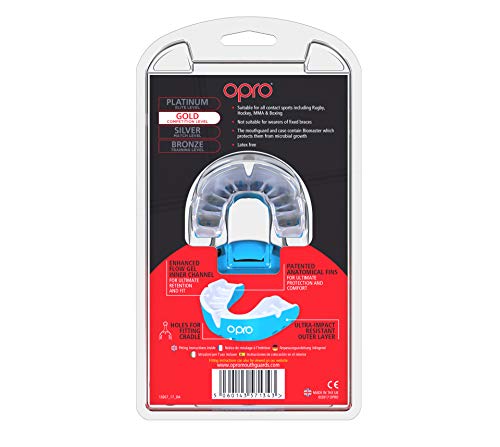 OPRO Protector Bucal Self-Fit Gold - Protector bucal - para Rugby, Hockey, Lacrosse, fútbol Americano, Baloncesto y más - Fabricado en Reino Unido (Azul Cielo/Perla, Adulto)