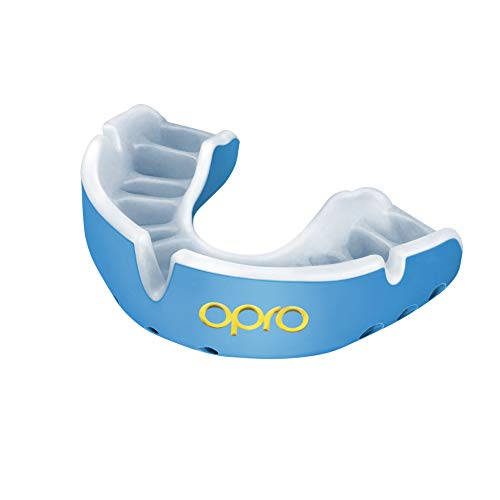 OPRO Protector Bucal Self-Fit Gold - Protector bucal - para Rugby, Hockey, Lacrosse, fútbol Americano, Baloncesto y más - Fabricado en Reino Unido (Azul Cielo/Perla, Adulto)