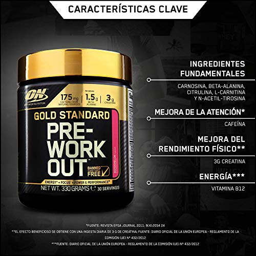 Optimum Nutrition Gold Standard Pre Workout en Polvo, Bebida Energética con Creatina Monohidratada, Beta Alanina, Cafeína y Vitamina B Complex, Sandía, 30 Porciones, 330g, Embalaje Puede Variar