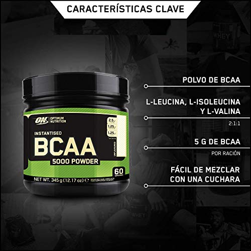 Optimum Nutrition ON BCAA 5000 en Polvo, Suplementos Deportivos, Rico en Aminoacidos Ramificados y Esenciales, sin Azúcar, sin sabor, 60 porciones, 345 g