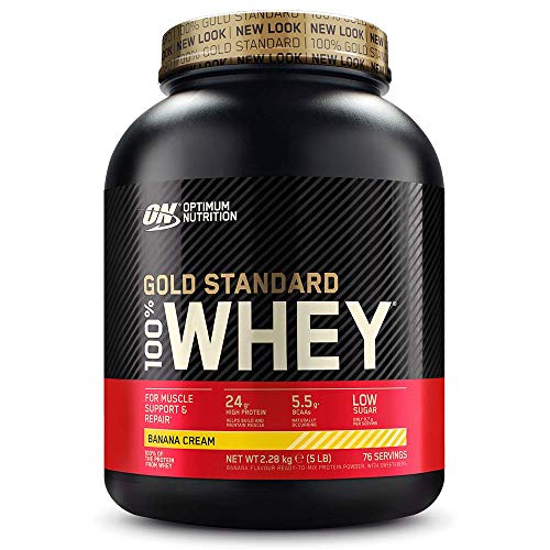 Optimum Nutrition ON Gold Standard 100% Whey Proteína en Polvo Suplementos Deportivos, Glutamina y Aminoacidos, BCAA, Crema de Plátano, 76 Porciones, 2.28kg, Embalaje Puede Variar