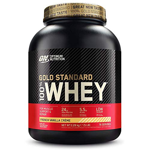Optimum Nutrition ON Gold Standard 100% Whey Proteína en Polvo Suplementos Deportivos, Glutamina y Aminoacidos, BCAA, Crema de Vainilla Francesa, 73 porciones, 2.27 kg, Embalaje puede variar