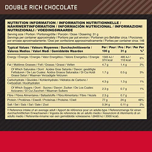 Optimum Nutrition ON Gold Standard 100% Whey Proteína en Polvo Suplementos Deportivos, Glutamina y Aminoacidos, BCAA, Double Rich Chocolate, 146 Porciones, 4.54kg, Embalaje Puede Variar