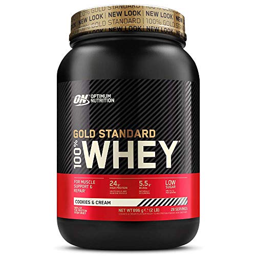 Optimum Nutrition ON Gold Standard 100% Whey Proteína en Polvo Suplementos Deportivos, Glutamina y Aminoacidos, BCAA, Galletas y Crema, 29 porciones, 900g, Embalaje puede variar