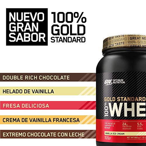 Optimum Nutrition ON Gold Standard 100% Whey Proteína en Polvo Suplementos Deportivos, Glutamina y Aminoácidos, BCAA, Helado de Vainilla, 30 Porciones, 900 g, Embalaje Puede Variar