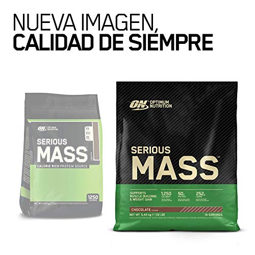 Optimum Nutrition ON Serious Mass Proteina en Polvo Mass Gainer Alto en Proteína, con Vitaminas, Creatina y Glutamina, Chocolate, 16 Porciones, 5.45 kg, Embalaje Puede Variar