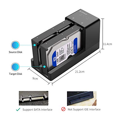 ORICO Base de conexion Disco Duro con 12V4A Adaptador de Corriente, USB 3.0 a SATA Doble Bahía Docking Station para 2.5'' y 3.5'' SATA HDD/SSD (Offline Clon/Copia/UASP, LED Indicador)