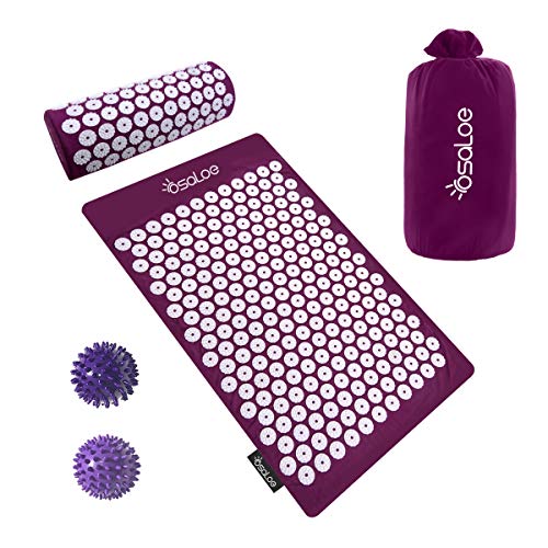 Osaloe Juego de Esterilla de Acupresión con Almohada y Dos Pequeñas Bolas de Masaje, Kit de Masaje Acupunctura para Relajación Músculos y Alivia dolores de Espalda (Púrpura)