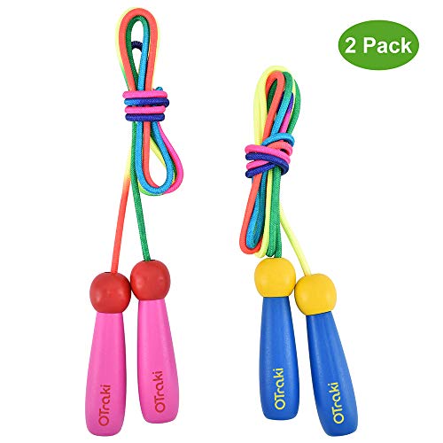 OTraki Cuerda Saltar 2 Pack 2M Skipping Rope Kids Ajustable con Mango de Madera y Cuerda de Algodón para Niños Junp Ropes 5-10 Años para el Juego Escolar o Actividad al Aire Libre