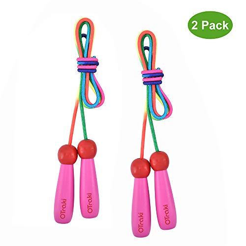 OTraki Cuerda Saltar Niños 2 Pack 2M Comba Saltar Ajustable con Mango de Madera y Cuerda de Algodón Skipping Rope 5-10 Años para el Juego Escolar o Actividad al Aire Libre, Rosa