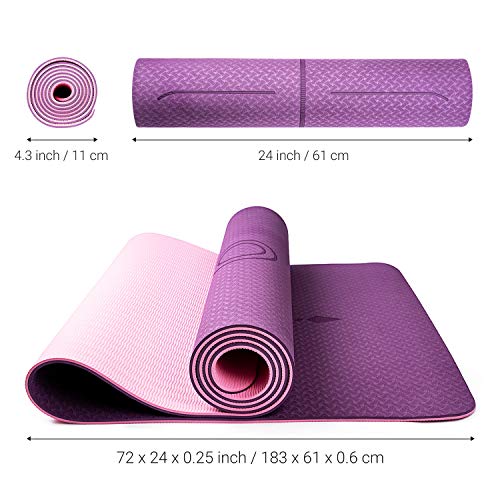 Oudort Esterilla Yoga Antideslizante, Yoga Mat de Material Ecológico TPE y 6mm de Grosor con Sistema de Línea y Correa de Transporte para Pilates, Fitness y Yoga, 183 x 61cm