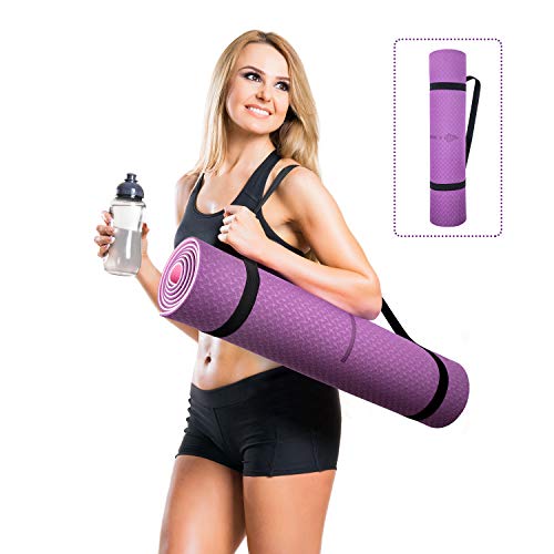 Oudort Esterilla Yoga Antideslizante, Yoga Mat de Material Ecológico TPE y 6mm de Grosor con Sistema de Línea y Correa de Transporte para Pilates, Fitness y Yoga, 183 x 61cm