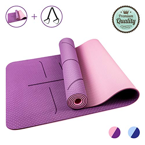 Oudort Esterilla Yoga Antideslizante, Yoga Mat de Material Ecológico TPE y 6mm de Grosor con Sistema de Línea y Correa de Transporte para Pilates, Fitness y Yoga, 183 x 61cm