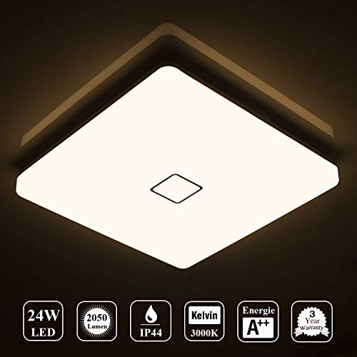 Öuesen LED 24W lámpara de techo resistente al agua moderna LED luz de techo cuadrada delgada 2050lm Blanco cálido 3000K para baño Dormitorio Cocina Sala de estar Comedor Balcón Pasillo
