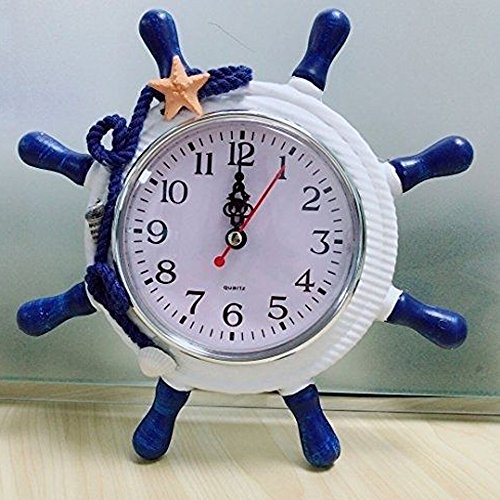 OULII Reloj de pared mediterráneo con cuerda Reloj de pared cuarzo silencioso Barco Timón decorativo de madera (Color al azar)