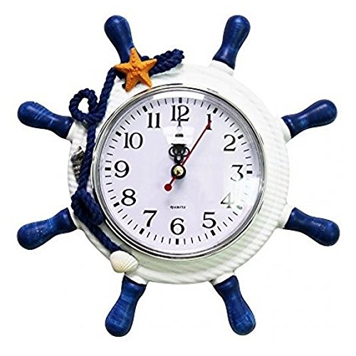 OULII Reloj de pared mediterráneo con cuerda Reloj de pared cuarzo silencioso Barco Timón decorativo de madera (Color al azar)