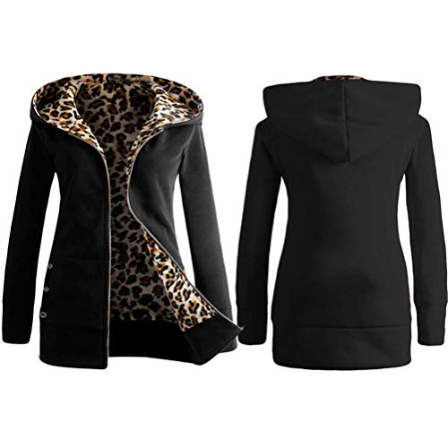 Overdose Las Mujeres MáS De Terciopelo Engrosada con Capucha Linda Dama SuéTer Leopard Cremallera Capa con Capucha Sudadera (Medium, Negro)