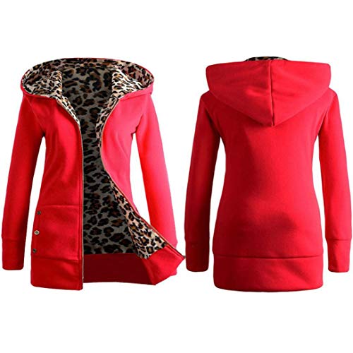 Overdose Las Mujeres MáS De Terciopelo Engrosada con Capucha Linda Dama SuéTer Leopard Cremallera Capa con Capucha Sudadera (Small, Rojo)