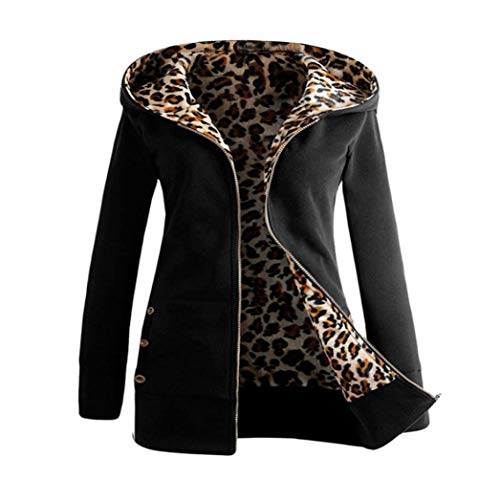 Overdose Las Mujeres MáS De Terciopelo Engrosada con Capucha Linda Dama SuéTer Leopard Cremallera Capa con Capucha Sudadera (x-Large, Negro)