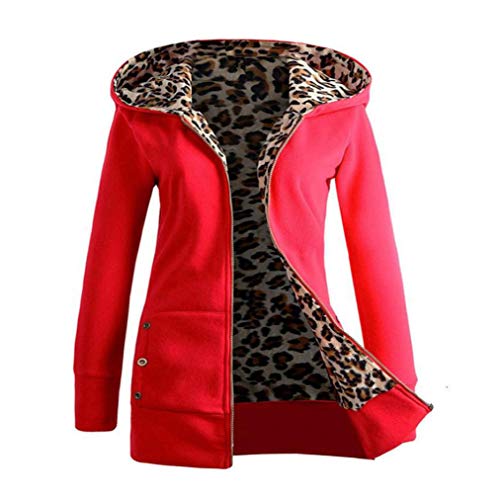 Overdose Las Mujeres MáS De Terciopelo Engrosada con Capucha Linda Dama SuéTer Leopard Cremallera Capa con Capucha Sudadera (x-Large, Rojo)