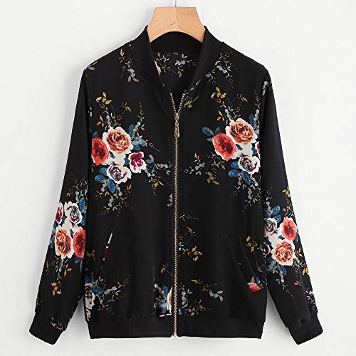 OverDose mujer Overdose eñOras De Las Retro Floral O-Cuello Zipper Up Bomber Mejor Venden Chaqueta Casual Outwear para Mujer S M-negro