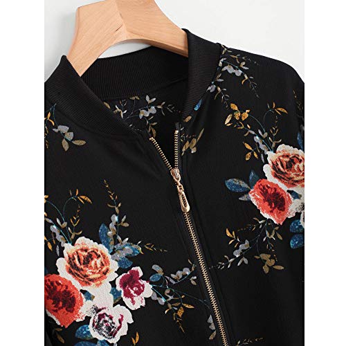 OverDose mujer Overdose eñOras De Las Retro Floral O-Cuello Zipper Up Bomber Mejor Venden Chaqueta Casual Outwear para Mujer S M-negro