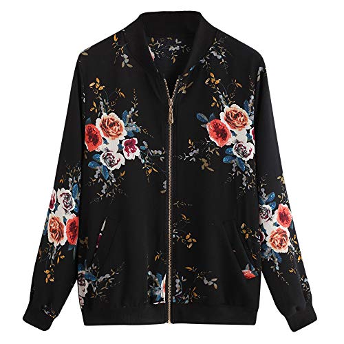 OverDose mujer Overdose eñOras De Las Retro Floral O-Cuello Zipper Up Bomber Mejor Venden Chaqueta Casual Outwear para Mujer S M-negro