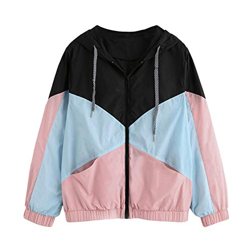 Overdose Nuevo Modelo De Moda Mujeres Manga Larga Patchwork Piel Fina Trajes con Capucha Cremallera Casual Sport Coat Sudadera con Capucha Superior (S, R-Rosa)