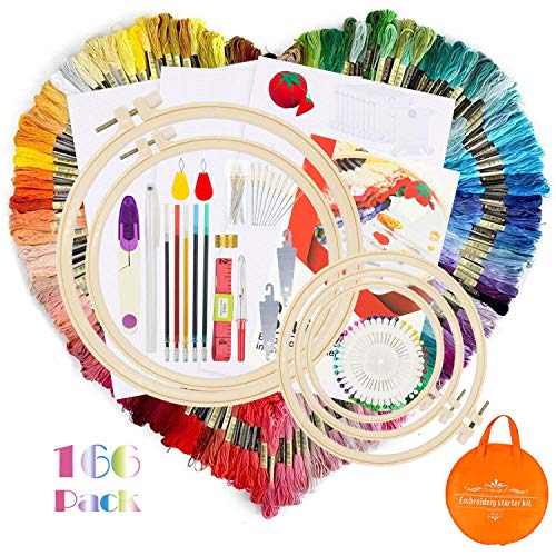 O'woda 166 Piezas Kit de Inicio de Bordado,100 Color Hilos de Bordados kits (8m de largo), 3 Tela de Punto de Cruz, 5 Aros para Bordado y otros Kit de Herramientas de Costura