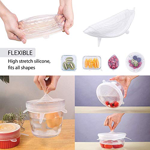 O'woda Cubierta de Silicona Elástica, 6 Tapas de Alimentos Reutilizables y 6 Bolsas de Almacenamiento de PEVA Impermeables Selladas,Sin BPA, para lavavajillas, Microondas, Horno o Refrigerador