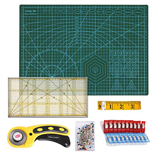 O'woda Set Base de Corte A3, 45 mm Cúter Rotativo, Patchwork de Regla, 20pcs Clips de Costura, 40pcs Alfileres, Cinta Métrica, Set Alfombrilla de Corte, Juego de Tapete de Corte (Verde)