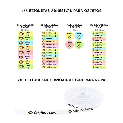 Pack 155 etiquetas personalizadas para marcar ropa y objetos. 100 Etiquetas de tela termoadhesiva + 55 etiquetas adhesivas de vinilo. (ANIMALS)