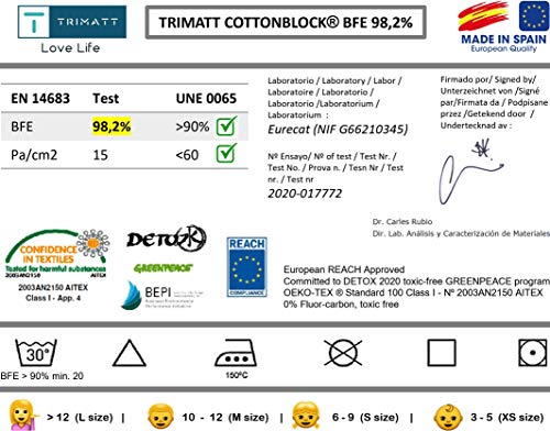 Pack 2x Mascarilla Higiénica Reutilizable UNE 0065 Tela 100% Algodón - Adulto L - BFE 98% - Lavable - Premium - Homologada en España - Cottonblock