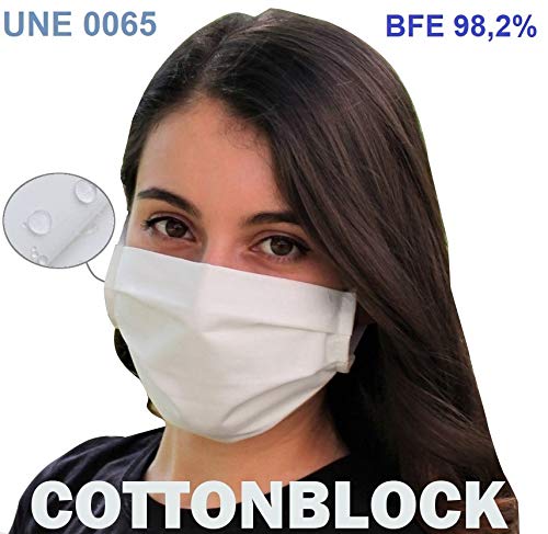 Pack 2x Mascarilla Higiénica Reutilizable UNE 0065 Tela 100% Algodón - Adulto L - BFE 98% - Lavable - Premium - Homologada en España - Cottonblock