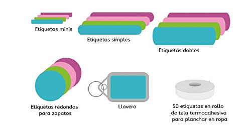 Pack de 146 etiquetas para marcar ropa y objetos. (Paleta 9) 50 etiquetas de tela + 84 etiquetas adhesivas + 12 etiquetas para zapatos + 1 llavero