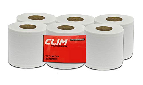 Pack de 6 rollos de papel secamanos tipo mecha 2 capas Clim Profesional®. Rollos de papel secamanos de 130 metros de papel extrablanco, suave y de doble capa laminado y precortado.